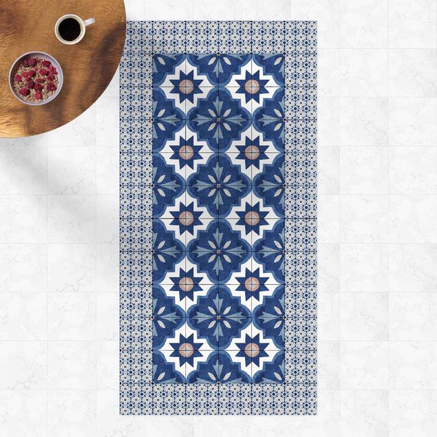 tappeti per balcone Piastrelle marocchine acquerello blu con cornice di piastrelle