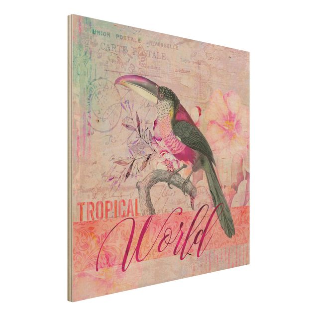 Quadri in legno con fiori Collage vintage - Tucano del mondo tropicale