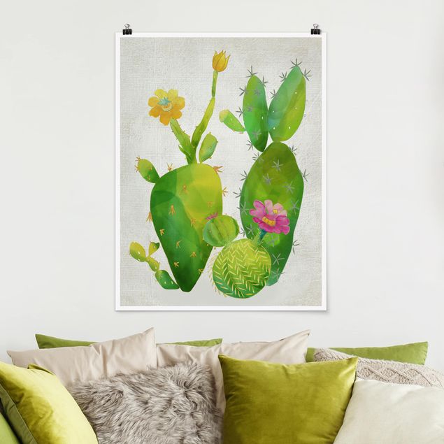 Quadri moderni per arredamento Famiglia di cactus in rosa e giallo