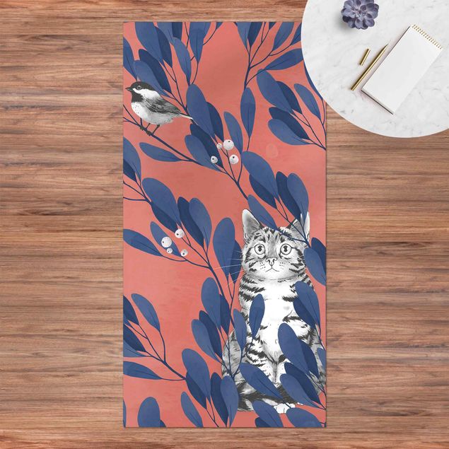 tappeto terrazzo Illustrazione - Gatto e uccello su ramo blu rosso