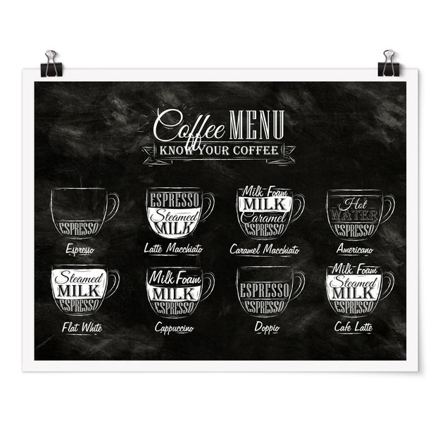 Poster bianco nero Lavagna delle varietà di caffè