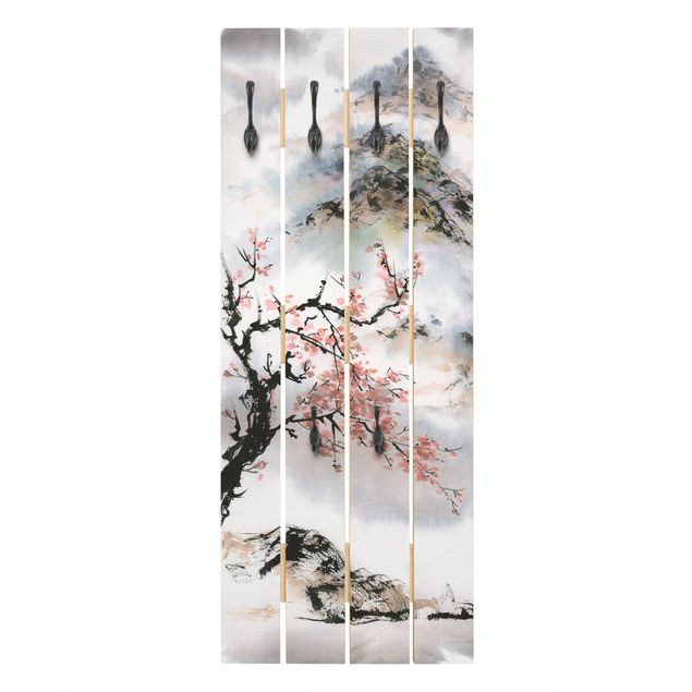 Attaccapanni grigio Disegno acquerello giapponese Ciliegio e montagne