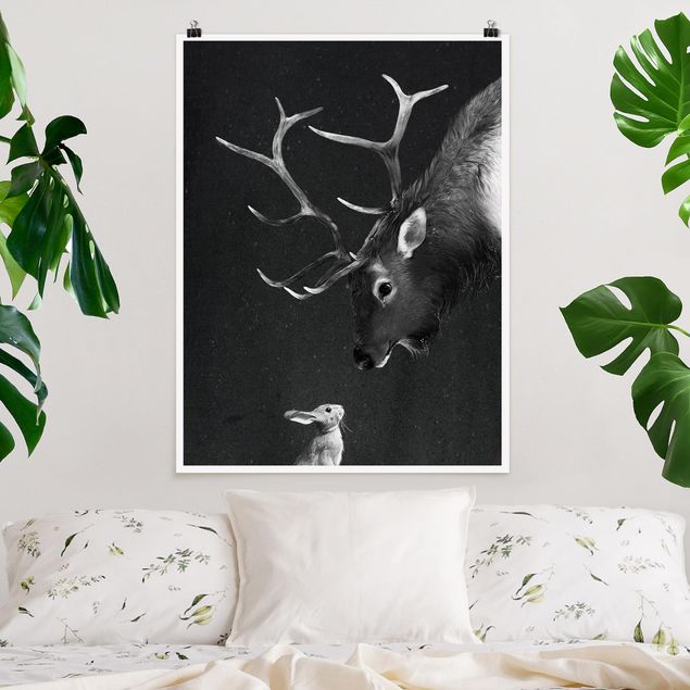 Decorazioni cameretta Illustrazione - Cervo e Coniglio Disegno in bianco e nero