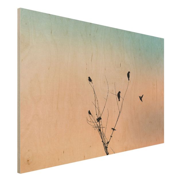 Quadri in legno con paesaggio Uccelli davanti al sole rosa II