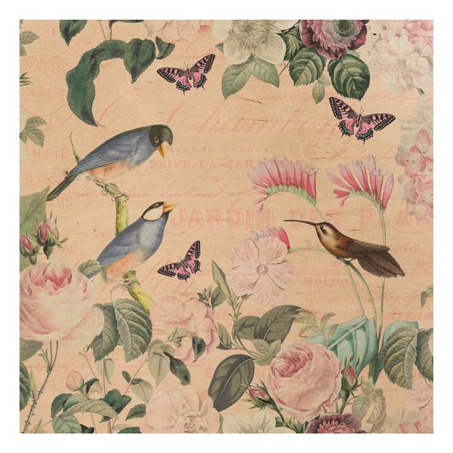 Quadri in legno con fiori Collage vintage - Rose e uccelli