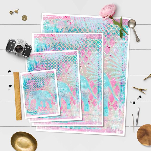 Stampe Collage colorato - Elefante in blu e rosa