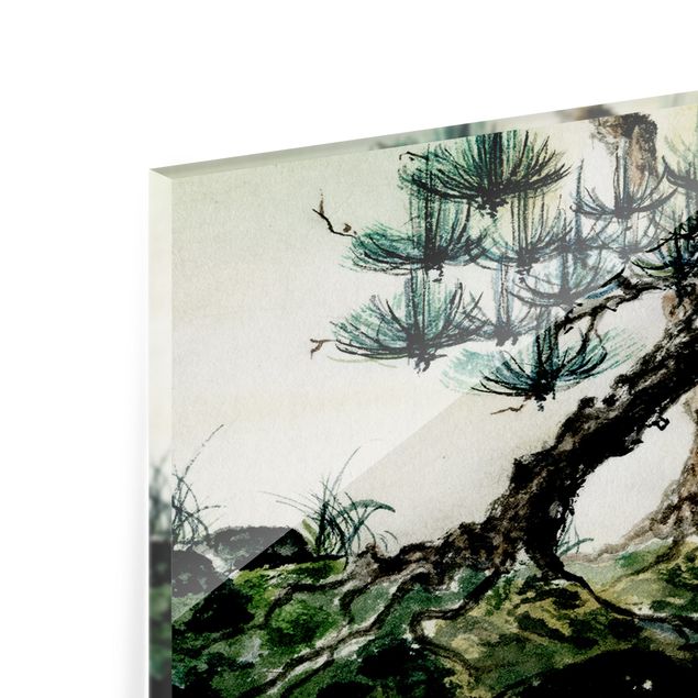 Paraschizzi in vetro - Japanese Watercolor Drawing Pine And Mountain Village