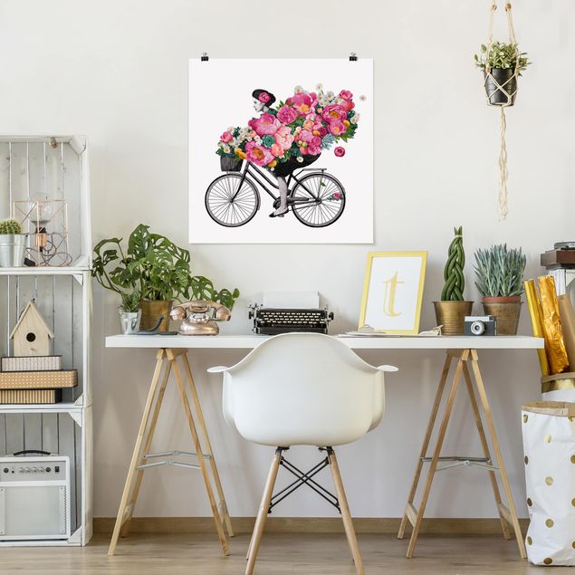Riproduzioni quadri Illustrazione - Donna in bicicletta - Collage di fiori colorati