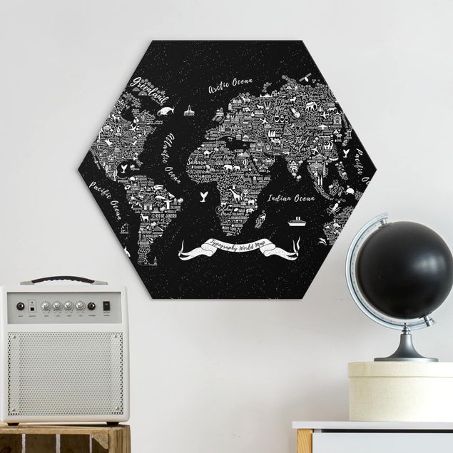 Quadro planisfero Tipografia - Mappa del mondo nero