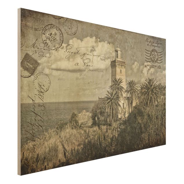 Quadri in legno con paesaggio Faro e palme - Cartolina vintage