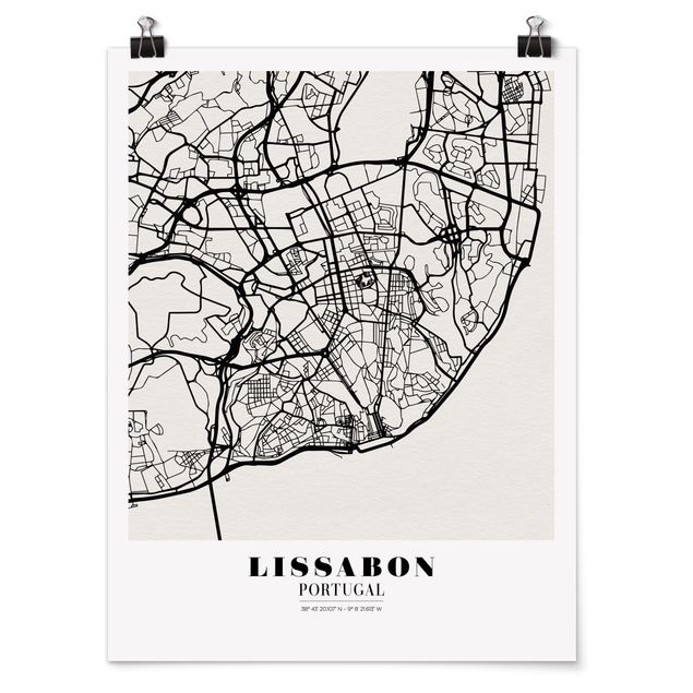 Poster in bianco e nero Mappa di Lisbona - Classica