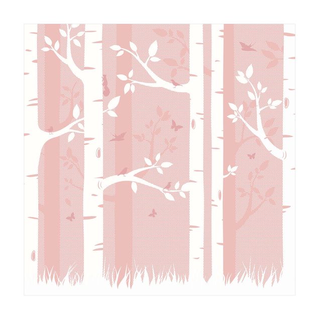 Tappeti con motivi naturali Bosco di betulle rosa con farfalle e uccelli
