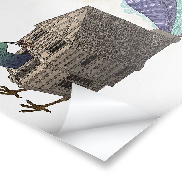Poster Illustrazione - Casetta per uccelli con piume