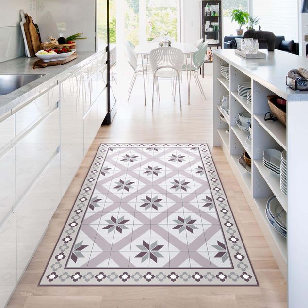 tappeto design moderno Piastrelle geometriche fiore rombo lilla con bordo