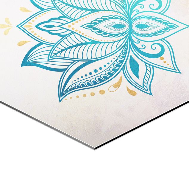 Esagono in Alluminio Dibond - Mandala Lotus Set oro blu