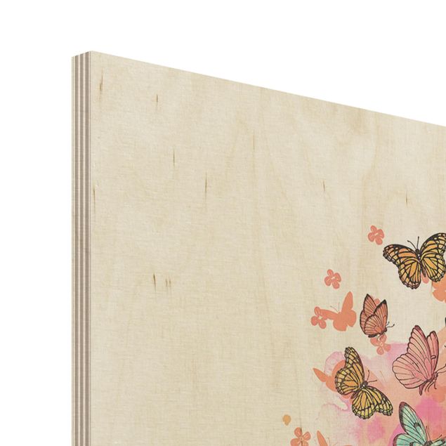 Stampa su legno - Illustrazione del gatto con farfalle colorate Pittura - Verticale 4:3