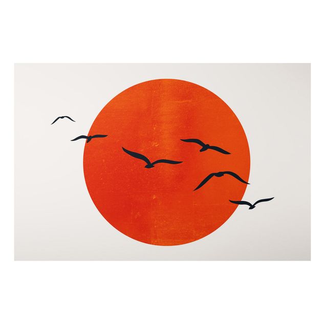 Quadri moderni per arredamento Stormo di uccelli di fronte al sole rosso I
