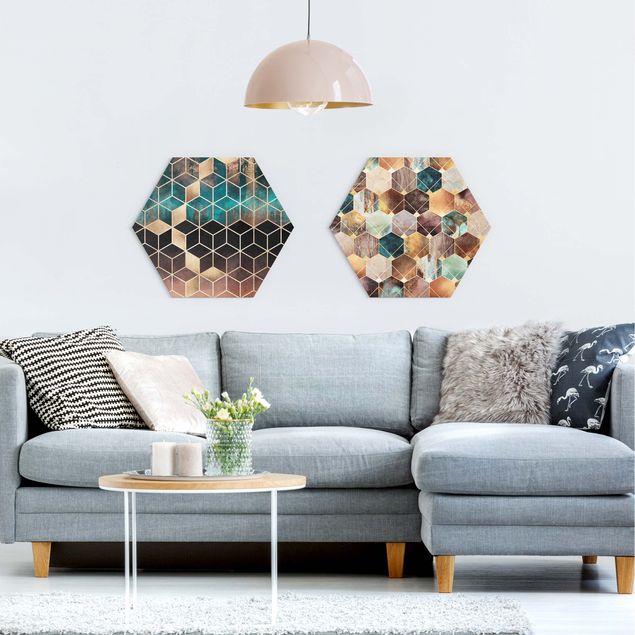 Esagono in Alluminio Dibond - Elisabeth Fredriksson - Turquoise Geometria Golden Art Deco Set