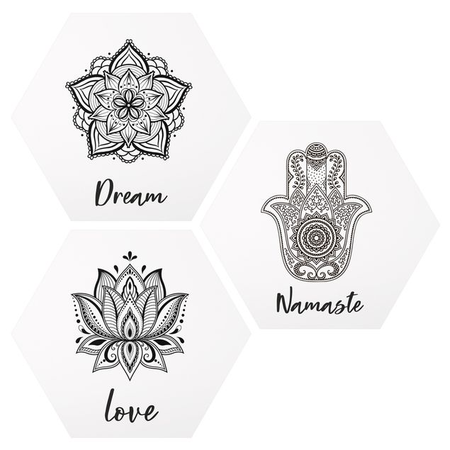Esagono in Alluminio Dibond - Mandala Namaste Lotus Set Nero Bianco