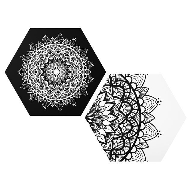 Esagono in Alluminio Dibond - Mandala Illustrazione Shabby Set Nero Bianco