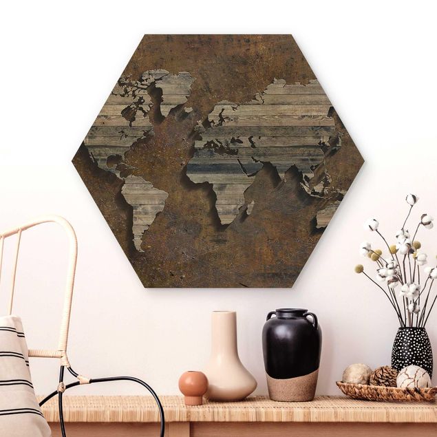 Quadri stampe Mappa del mondo con griglia di legno