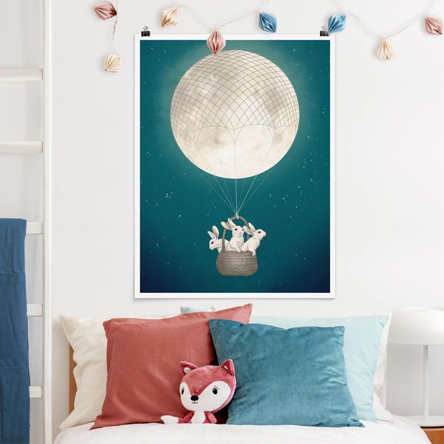 Riproduzione quadri famosi Illustrazione - Conigli e luna come mongolfiera cielo stellato