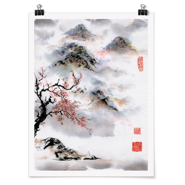 Poster vintage Disegno acquerello giapponese Ciliegio e montagne