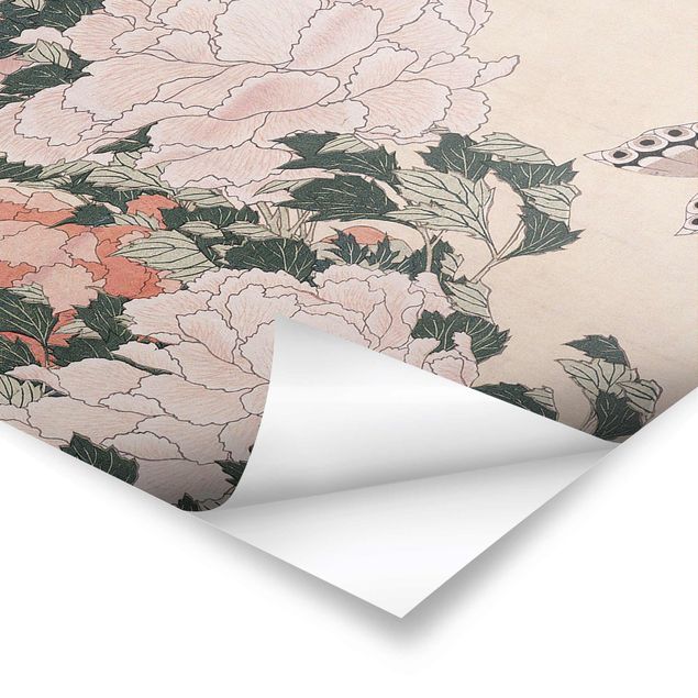 Quadro rosa Katsushika Hokusai - Peonie rosa con farfalla