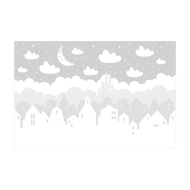 tappeti moderni soggiorno grandi Cielo stellato con case e luna in grigio