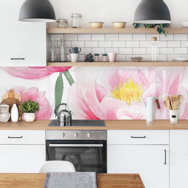 Rivestimento cucina moderna Disegno di peonie rosa chiaro