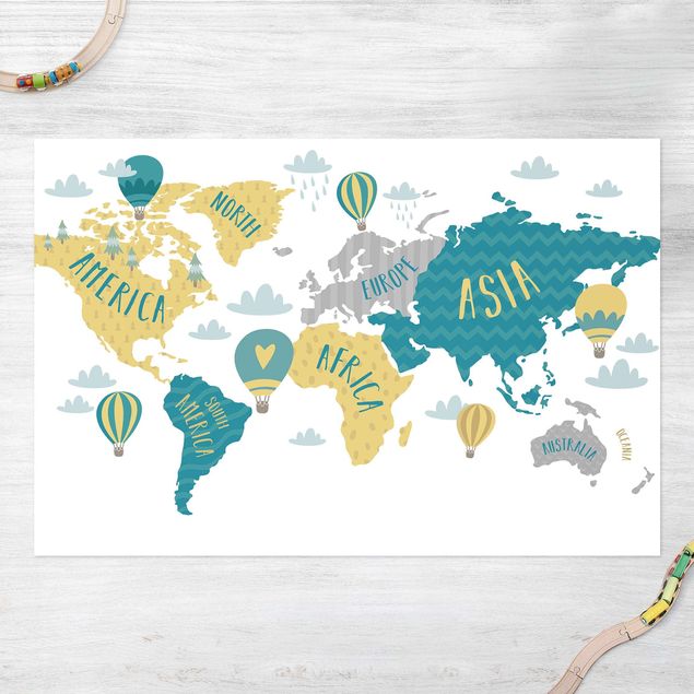 tappeti da esterno World Map with Hot-Air Balloon
