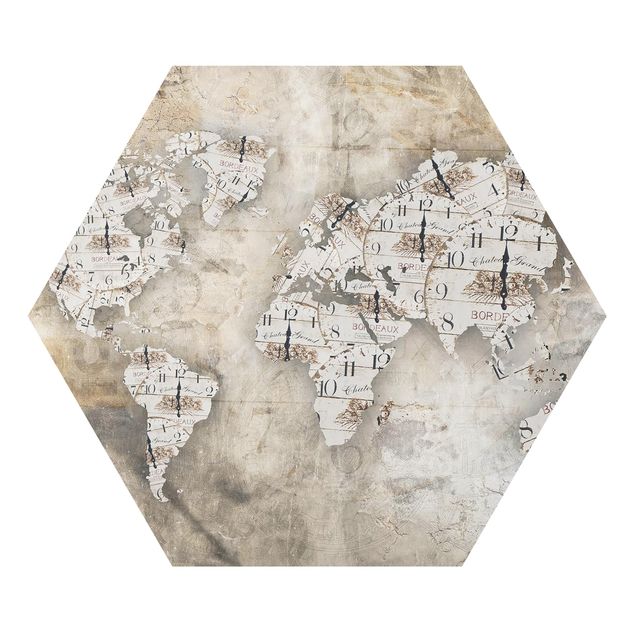 Quadro esagonale Orologi Shabby - Mappa del Mondo