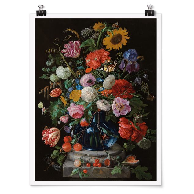 Quadri fiori Jan Davidsz de Heem - Tulipani, un girasole, un'iris e altri fiori in un vaso di vetro sulla base di marmo di una colonna