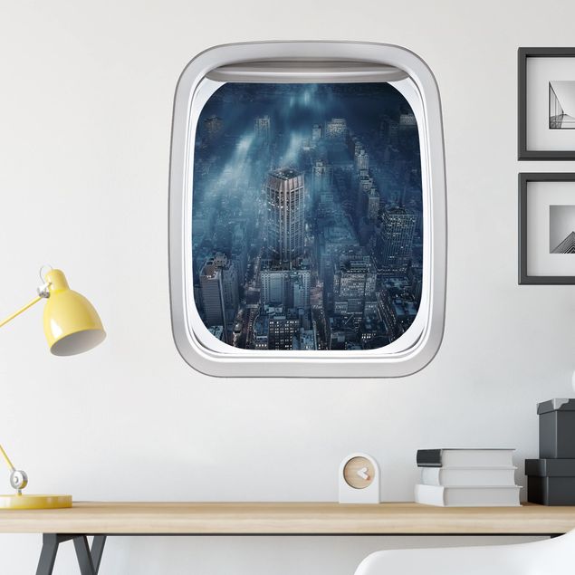Adesivi da parete 3d Finestrino d'aereo nuvole sopra New York