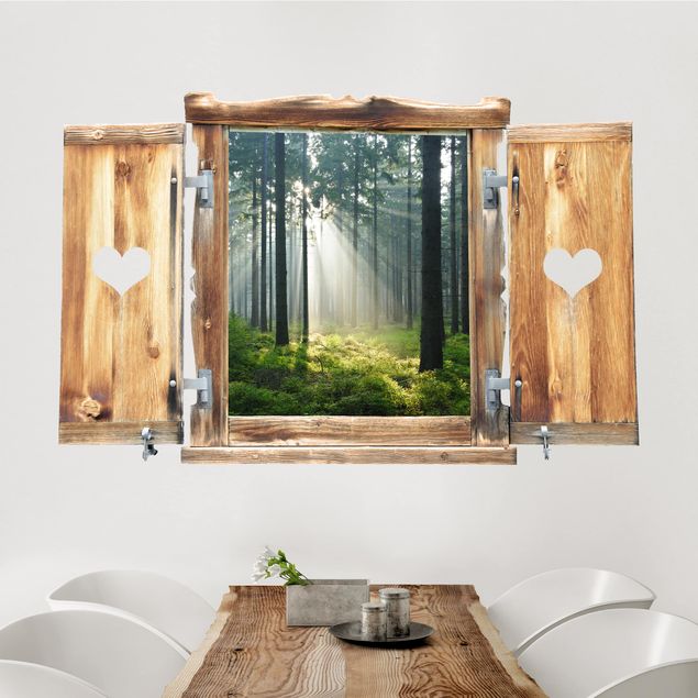 Adesivi da parete 3d Finestra con cuore foresta illuminata