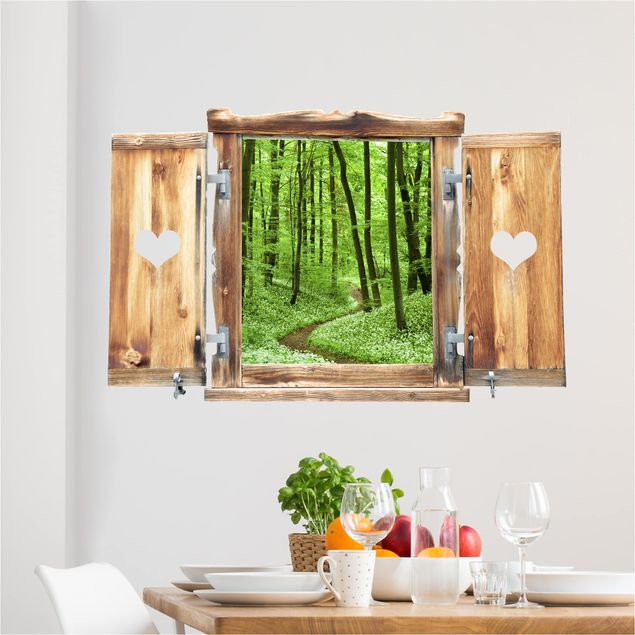 Sticker murali 3d Finestra con cuore romantico sentiero nella foresta