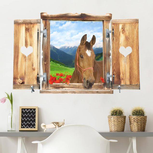 Stickers murali piante Finestra con cuore e cavallo Prato alpino