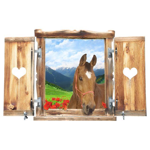 Adesivi da parete 3d Finestra con cuore e cavallo Prato alpino