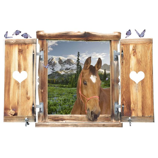 Adesivi murali 3d Finestra con cuore e cavallo prato alpino sentiero