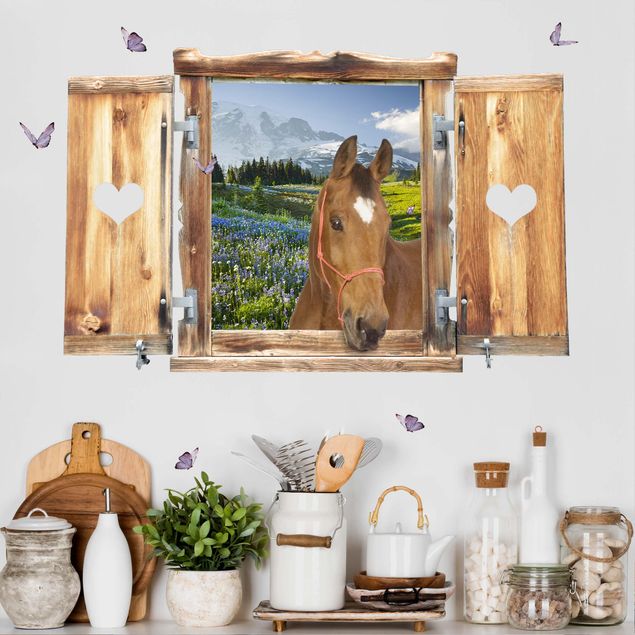Adesivi murali piante Finestra con cuore e cavallo prato di montagna con fiori