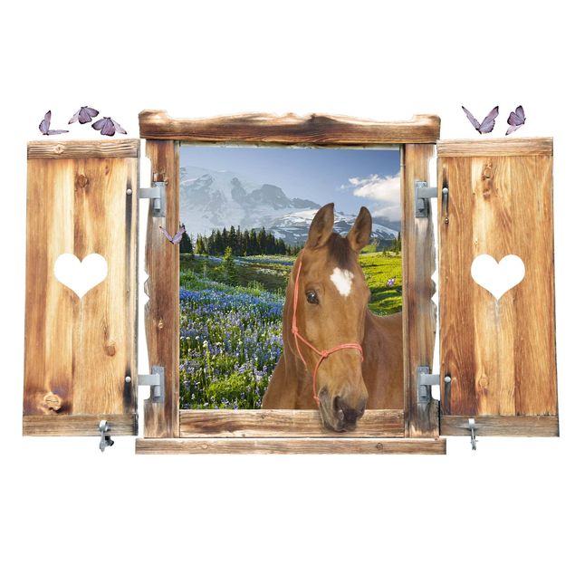 Adesivi murali 3d Finestra con cuore e cavallo prato di montagna con fiori