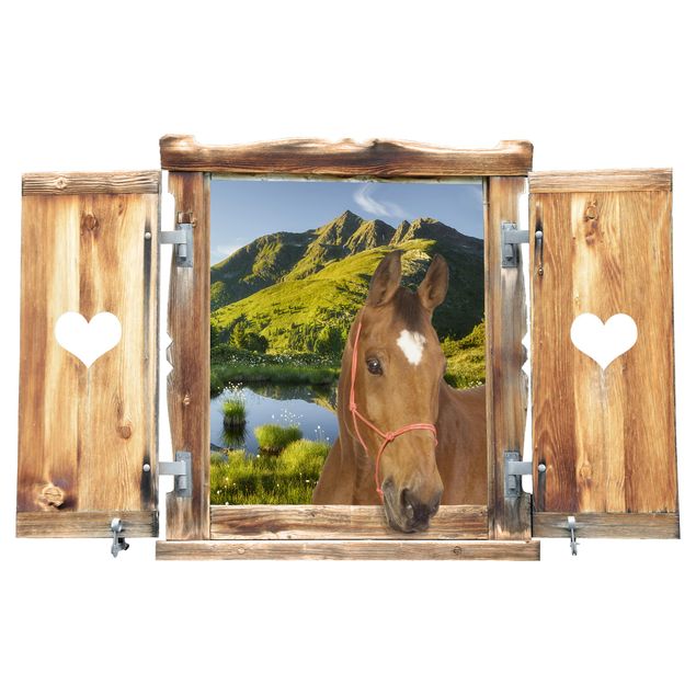 Adesivi murali animali Finestra con cuore e cavallo che guarda alla Defereggental