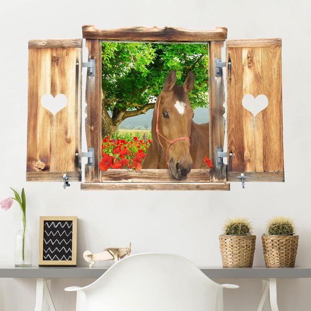Stickers murali piante Finestra con cuore e cavallo su un prato