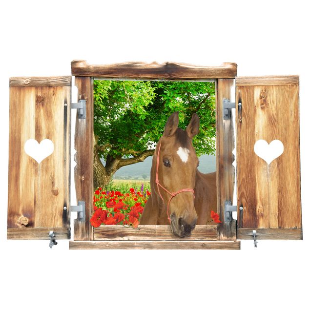 Adesivi da parete 3d Finestra con cuore e cavallo su un prato