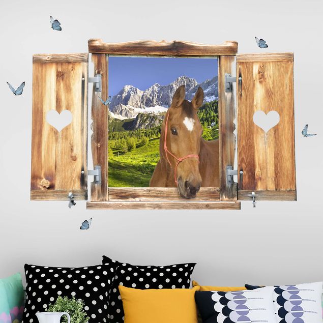 Adesivo murale cavallo Finestra con cuore e cavallo Prato alpino della Stiria