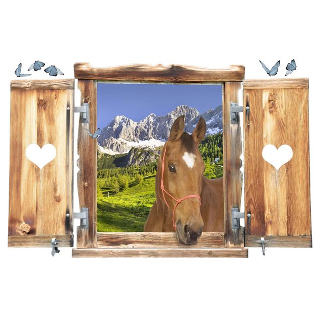 Adesivi murali con animali Finestra con cuore e cavallo Prato alpino della Stiria