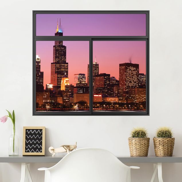 Adesivi da parete 3d Finestra nera Chicago Skyline di