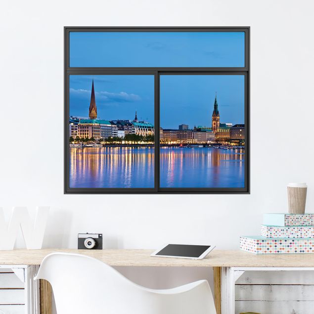Adesivi da parete 3d Finestra nera Amburgo Skyline di