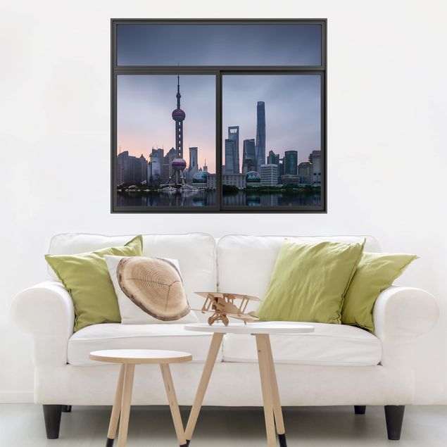 Adesivi murali città Finestra nera Shanghai Skyline di Morning Mood