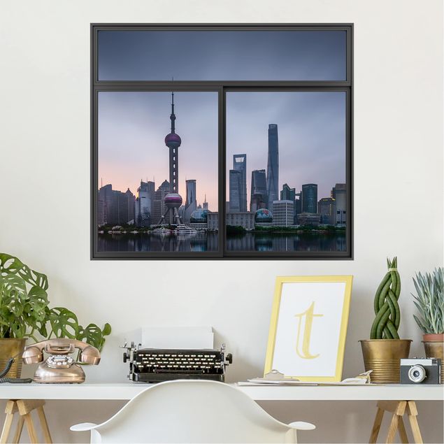 Adesivi murali 3d Finestra nera Shanghai Skyline di Morning Mood